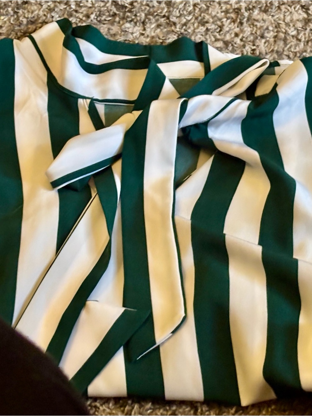 SHEIN Green and White Vertical Stripe Tie-Neck Blouse - Picture 2 of 4